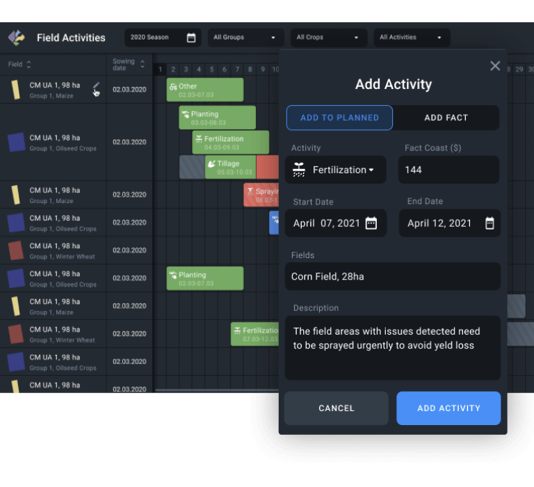captura de pantalla del plan de exploración de cultivos